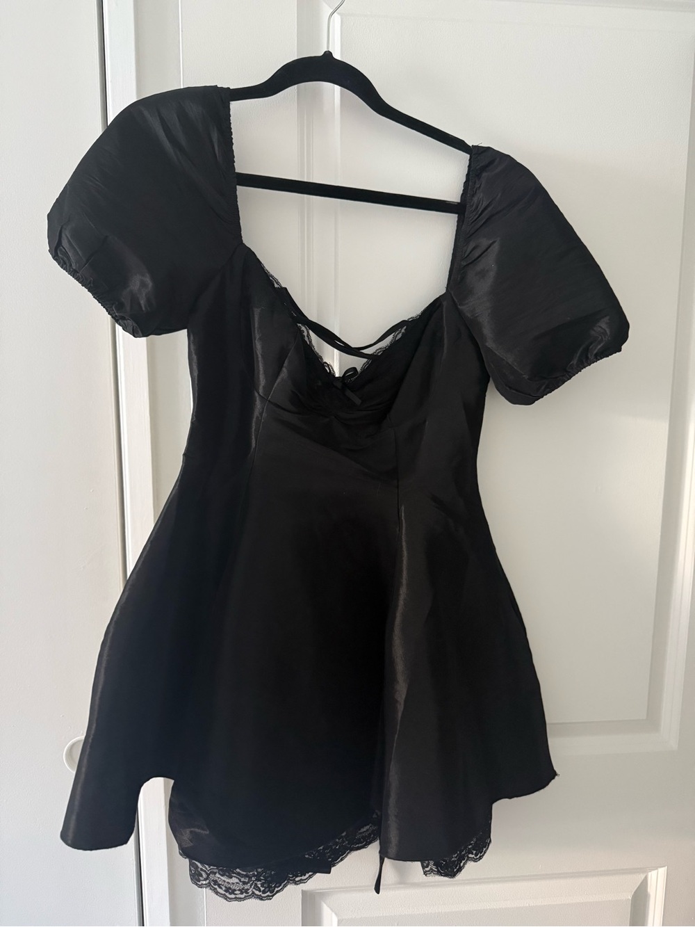 Lulu's Black Puff Sleeve Lace-Trim Mini Dress